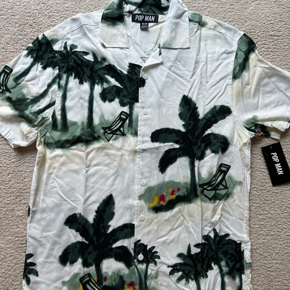 Pop Man Men's Short Sleeve Button Up Shirt Palm Tree Beach Print Green Cream M - Picture 4 of 9